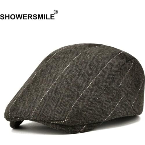 SHOWERSMILE Men Flat Cap Male Beret Hat Woolen Gray Herringbone British Style Mens Ivy Hats Spring Baret