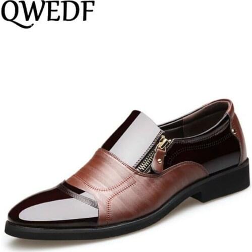 QWEDF 2019 new fashion mens dress leather shoes metal zipper patchwork Casual shoes Comfortable Wedding Shoes Business BB-010