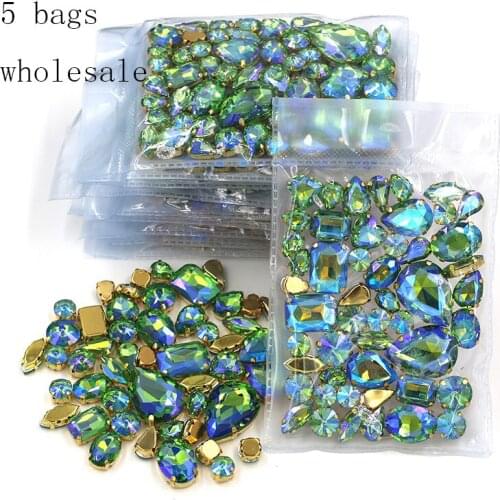 New arrival Wholesale 5 bags mixed shape sew on glass crystal Green AB rhinestones gold base for clothing/dress