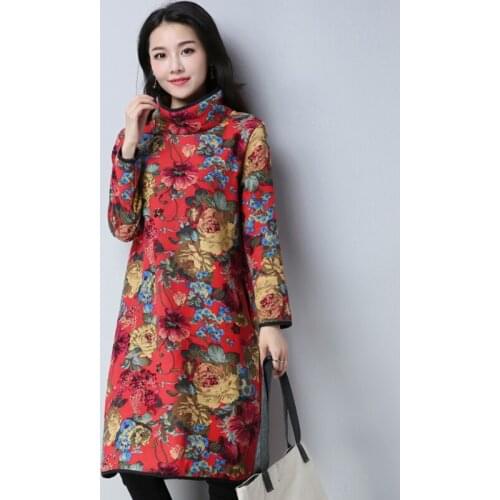 Autumn Winter Cotton linen women dress Loose large Size Knee-Length Dress Thicker plus size Warm female Dress Robe QH1289