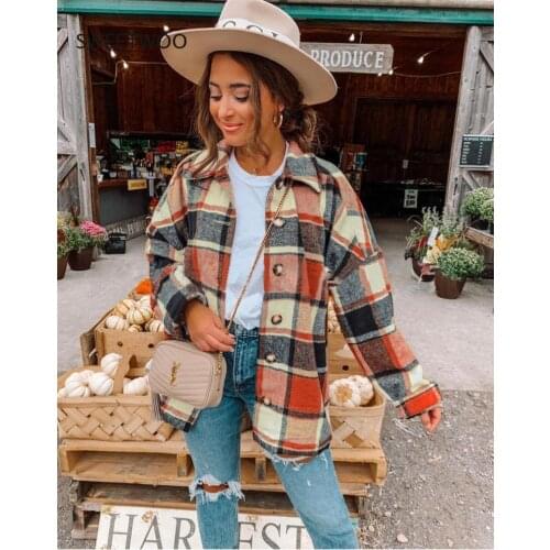 2021Ins Autumn Street European and American Long-Sleeved Lapel Loose-Fitting Womens Plaid Shirt Mid-Length Jacket