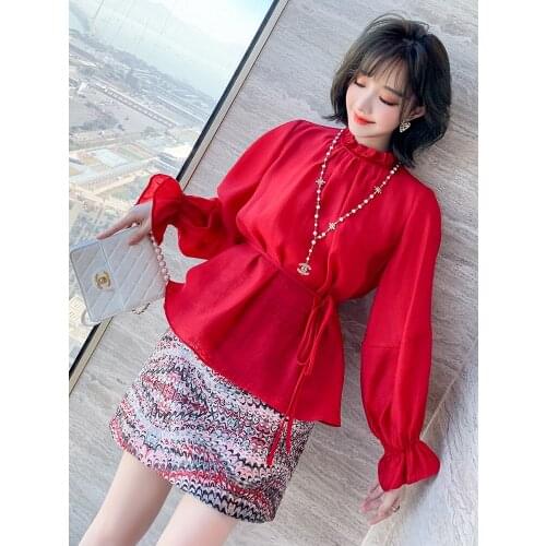 Simple shirt womens dress with auricular lace trumpet sleeve lace up waist and lotus leaf 2021 Spring new High Top Quality