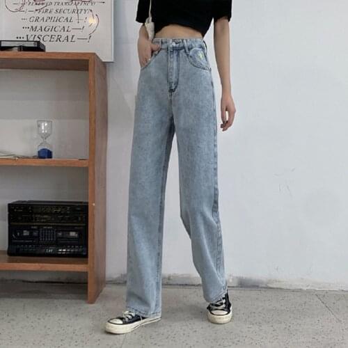 Straight Wide Leg Womens Jeans Loose High Waist Retro Jeans Cotton Fabric Solid Color 2020 Fashion New Womens Casual Pants