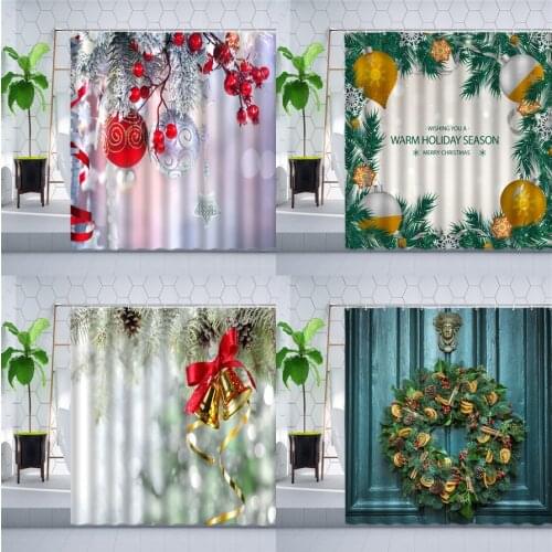 Christmas Shower Curtain Set Holiday Party Christmas Ball Decor Wall Cloth Green Plant Garland Bells Bathroom Curtains Polyester