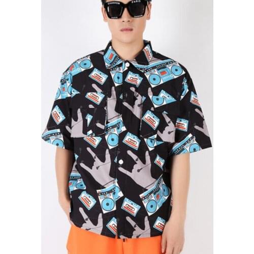 Fashion shirt men short sleeve shirt teenage korean Vintage loose recorder print shirt mens personality stage singer dance b631