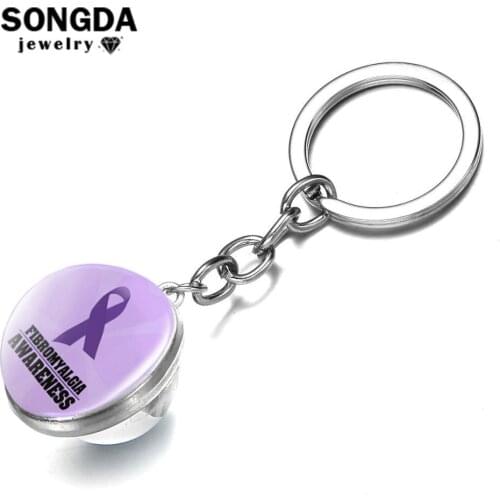 SONGDA Take Care Fibromyalgia Awareness Purple Ribbon Keychain High Quality Double Sided Crystal Glass Ball Key Chain Bag Charms