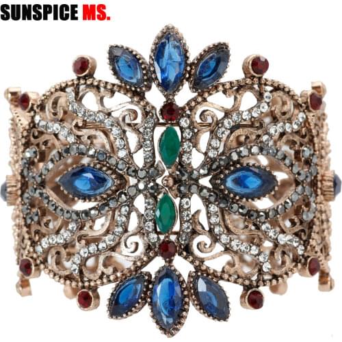 SUNSPICE-MS Big Vintage Bangle C Shape Antique Gold Color Flower Rhinestone Cuff Bracelet Turkish Ethnic Wrist Jewelry Wholesale