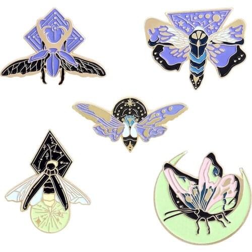 Luminous Insect Enamel Pins Custom Moth Butterfly Moon Brooches for Women Men Bag Lapel Pin Cartoon Badge Jewelry Gift Wholesale