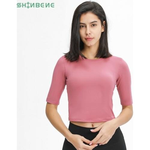 SHINBENE YOUTH Slim Fit Soft Sport Fitness Yoga Crop Tops Women Stretchy Naked Feel Plain Workout Gym Athletic Cropped T-shirt