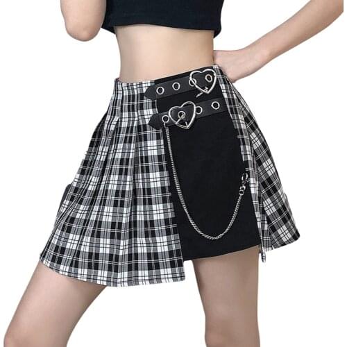 Women Plaid Skirt with Heart Buckle Belt, Chain Decoration Irregular Design Summer Clothing