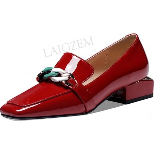 LAIGZEM Women Loafers Shiny Genuine LEATHER 3.5CM Square Toe Block Heels Chains Casual Lady 2021 Shoes Woman Big Size 37 38 42