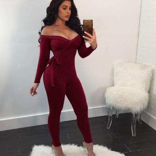 Women summer off shoulder plunging v-neck long sleeve sashes waist pencil jumpsuit sexy night party sporting rompers 4 color