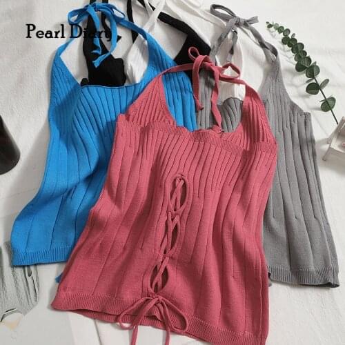Pearl Diary Women Knitting Crop Tops Ladies Halter Neck Knitted Tops Bow Tied Back Lace Up Sexy Summer Backless Solid Color Tops
