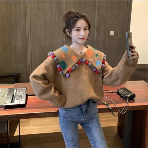 Dot Print Appliques Women Knit Pullover Sweaters 2021 Winter Full Sleeve Turndown Collar Casual Girly Basic Soft Jumpers Tops