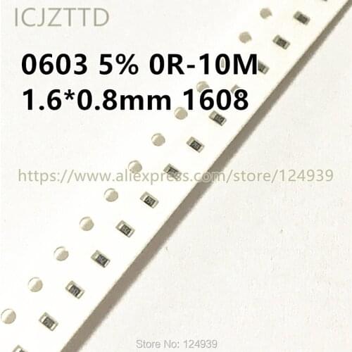 100pcs 1/10W RJ0603 5% SMD Res 1608 1.3K 1K3 1.5K 1K5 1.6K 1K6 1.8K 1K8 2K 2K0 2.2K 2K2 2.4K 2K4 2.7K 2K7 3K 3K0 3.3K 3.6K 3.9K