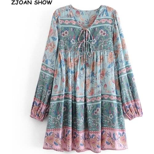 2021 Spring Bohemia Ball Tassel Lacing up V neck Floral print Dress Ethnic Woman Long Sleeve Short Strappy Dresses Holiday