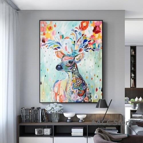 Oil Art Colorful Deer Canvas Paintings Beautiful Animals Art Poster and Prints Wall Art Picture for Room Home Cuadros Decoration