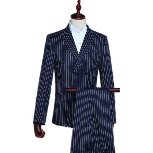 3 Pieces Set Stripe Mature Man Leisure Suit For Wedding Groom Singers Gala Navy Regular Fit Tuxedo Blazer Jacket Vest Pants