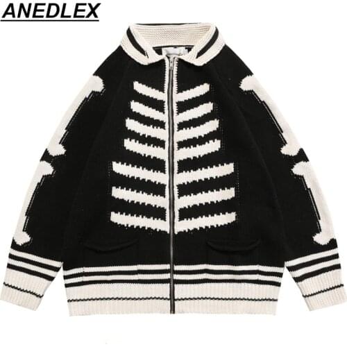 Men Women Hip Hop Streetwear Knitwear Coat Bone Streak Sweater Coat Harajuku Cotton Autumn Winter Casual Jacket Outwear Zipper