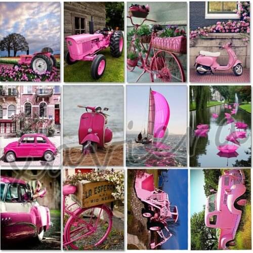Xaviera 5D Diy Diamond Painting Pink Car Scenery Embroidery Romantic Landscape Full Square Mosaic Rhinestone Cross Stitch Kits