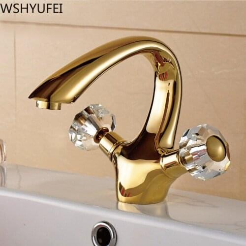 New hardware copper copper European faucet Golden crystal hand wheel bathroom Counter basin wash basin Free shipping