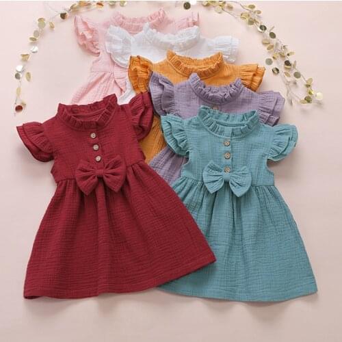 Toddler Kids Baby Girls Solid Bow Linen Ruffled Princess Casual Dress Clothes Baby Girl Summer Dress Kids Dresses For Girls 2021