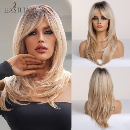 EASIHAIR Long Wavy Layered Wigs Heat Resistant Synthetic Wigs With Bangs for Afro Women Dark Root Ombre Blonde Highlight Wigs