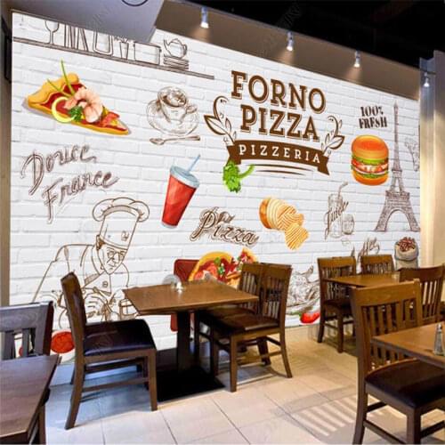 Custom Brick Wall Pizza Hamburger Wall Paper 3D Milk Tea Casual Snack Restaurant Industrial Decor Mural Wallpapers for Walls 3D