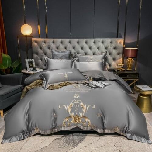 Luxury Gray Red Champagne Purple Bedding Set Gold Royal Embroidery Duvet Cover Flat/Fitted Sheet Pillowcases