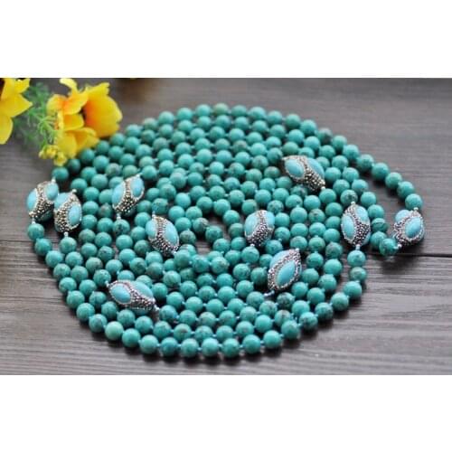 S2454 Long 120" 35mm Round Turquoise Bead Shuttle CZ Necklace