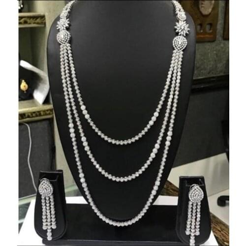 Sederyla New Trendy Luxury Full Cubic Ziron Dubai 2pcs Three Layer Long Necklace Earring Brand Bridal Party Dress Accessories