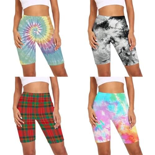 Women Tie-dye Printed Cycling Shorts Mid Thigh Stretch Short Leggings Casual High Waist Colorful Gym Running Yoga Pants
