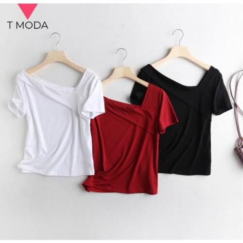 T MODA 2021 Summer New Womens T Shirt Fashion Cotton Solid V Neck Womens Tops Offical Lady Causal Chic Tshirt For Women Female
