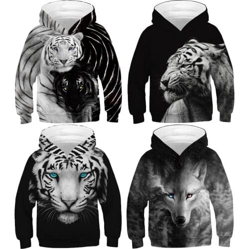 Spring Autumn Full Sleeve Boy Tiger Wolf Animsl Cartoon Hoodies Childrens Sweatshirts Kids Pullover Adult Boy Coats 3D Hooded