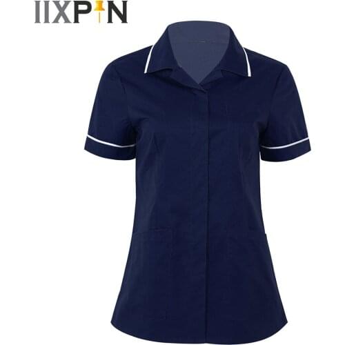Womens Healthcare Tunic Turn-down Collar Hospitality Maid Nurses Cares Therapist Dentist Workwear Uniform Tops with Pockets