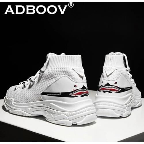ADBOOV High Top Sneakers Men Unisex Knit Upper Breathable Shoes Fashion Shark Logo Couple Black / White Shoes Shoes Casual