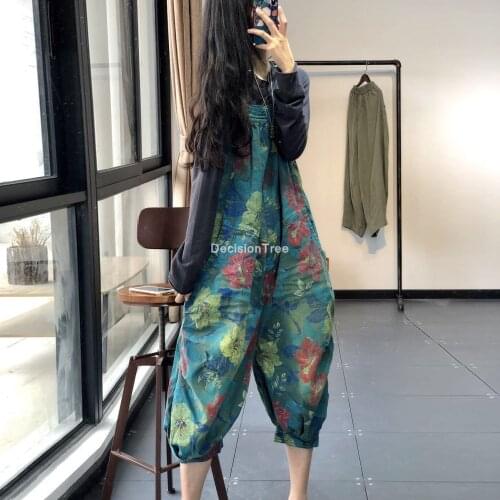 2021 wide leg jean jumpsuits women suspenders bib denim overalls baggy cowboy rompers printed hip hop harem jeans playsuit