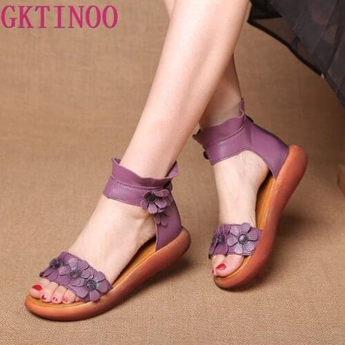 GKTINOO High Quality Fashion Flat Gladiator Sandals Women Genuine Leather High-Top Ankle Wrap With Flowers Vintage Sandals Shoes