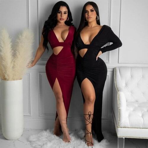 Womens Full Dress Sexy Deep V Open Split Pleated Long Evening Dress L51678