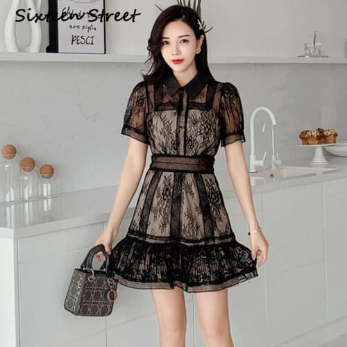 2020 New Summer Black Lace Dress Woman Short Sleeve Turn-down Collar Patchwork Mini Dress Female Runway Design Perspective