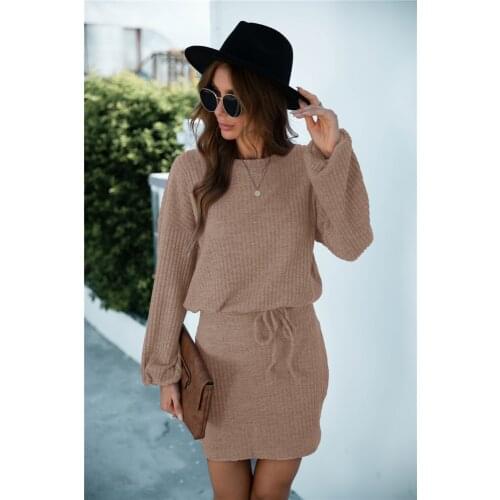 Women Robe Femme Solid Color Pencil Dresses Hollow Out Bandage Button O-Neck Long Sleeve Slim Hips Mini Dress For Woman Vestido