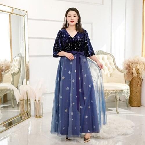 Evening Dresses Deep V-Neck A-line Three Quarter Sleeve Sequins Simple Women Party Dress Lace Up New Plus Size Formal Gowns D424