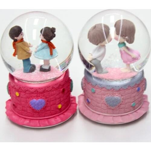 100#Quality Music Box Creative Girl And Boy Crystal snow Ball with Snowflake Rotating Music light