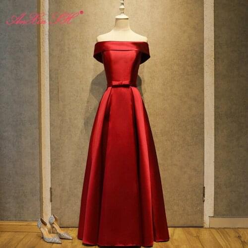 AXJFU luxury princess red satin evening dress vintage party boat neck red bow host evening dress long red evening dress