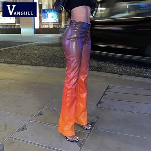 Vangull Gradient Color Faux PU Leather Pants Women 2020 New High Waist Straight Pants Loose Vintage Fashion Streetwear Trousers