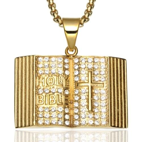 Personality Gold Plated Christian Book Bible Cross Necklace Iced Out Rhinestone Chain Hip Hop Jewelry Men Women Long Chain Gifts