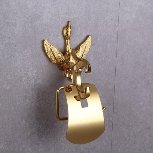 Gold Crystal Swan Toilet Paper Holder Solid BrassLuxury Wall Mount Toilet Roll Holder with Cover Bathroom Accessories Set ATS88