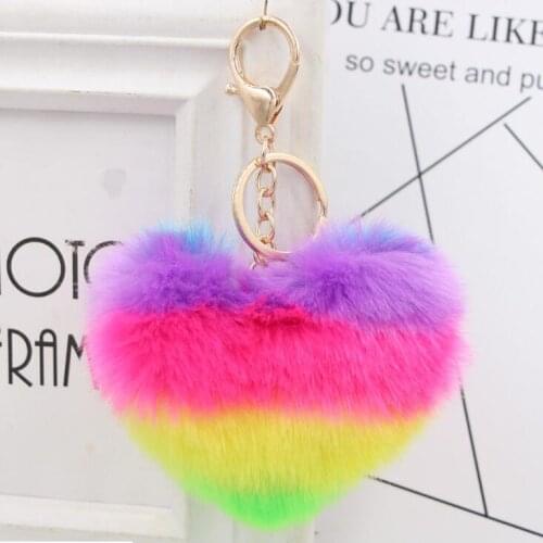 Llaveiro Fluffy pompom Keychain Gifts for Women Soft Heart Shape Pompon Fake Rabbit Key Chain Ball Car Bag Accessories Key Ring
