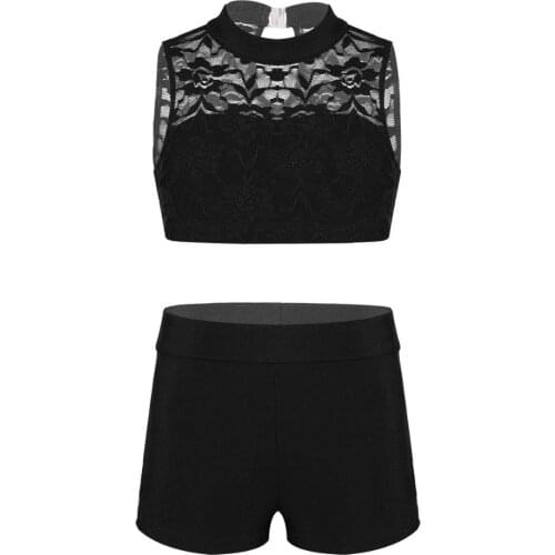 Kids Teens Sleeveless Floral Lace Crop Top with Bottoms Girls Ballet Sports Gymnastics Shorts Tops Performance Dancewear Set