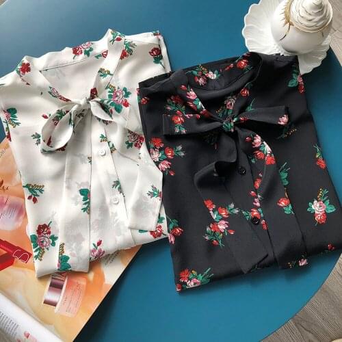 Elfbop Women 100% Silk Long Sleeve Bow Ties Floral Printing Blouse Shirt Top